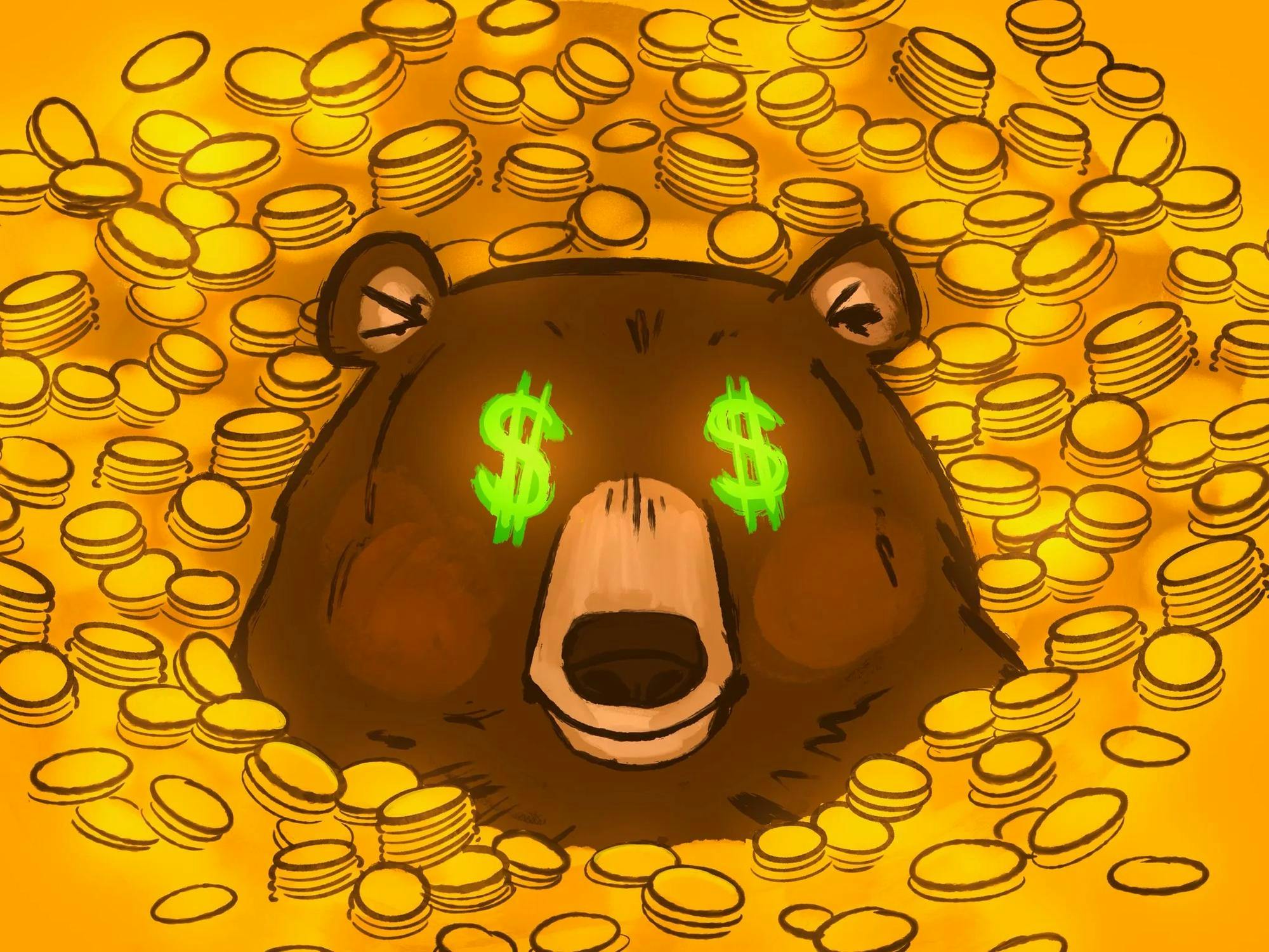 Illustration of a bear with dollar signs in their eyes, surrounded by gold. 
