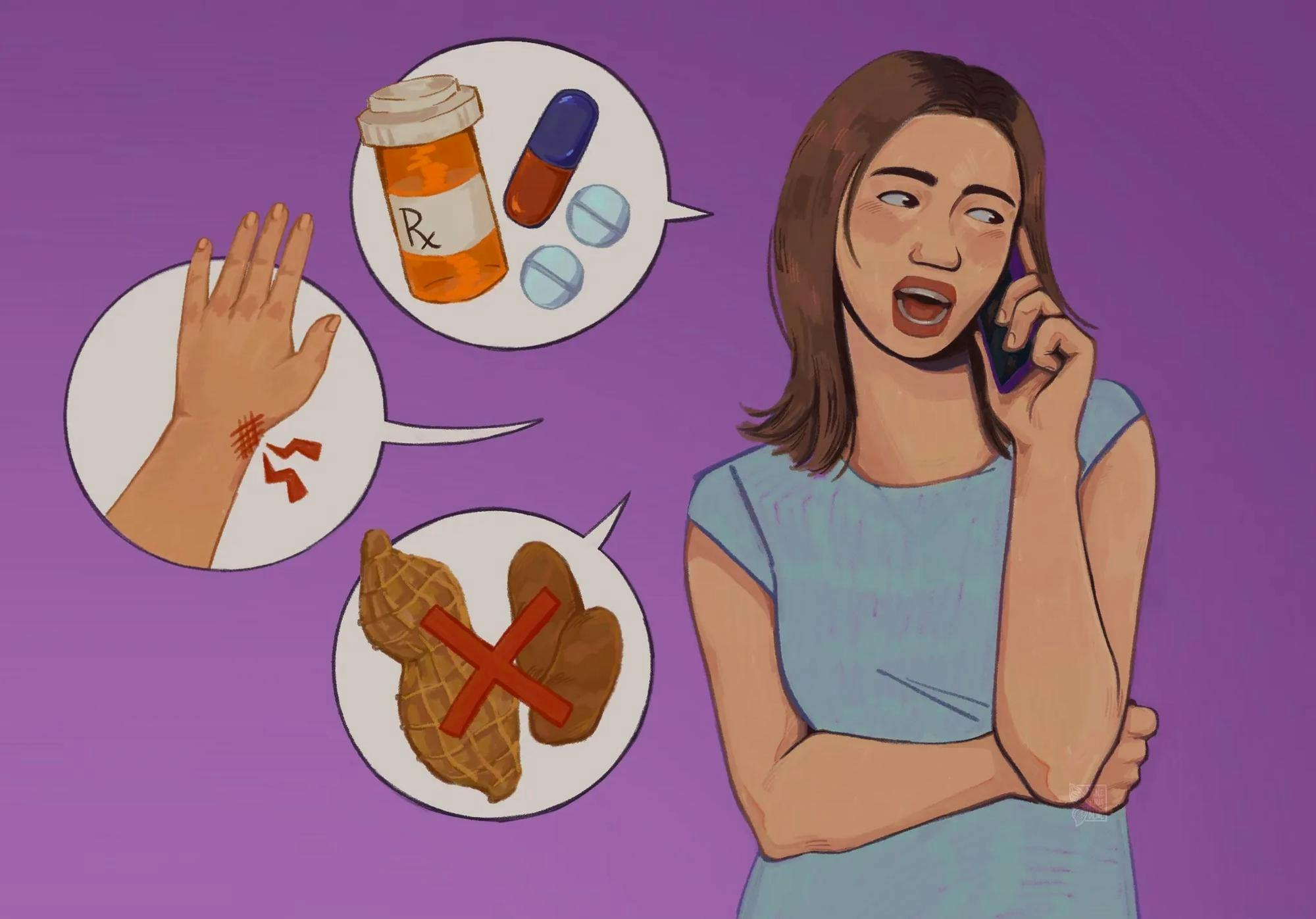 Illustration of a woman on the phone. In three speech bubbles there’s an illustration of medicine, a wrist injury and nuts with a red X overtop. 