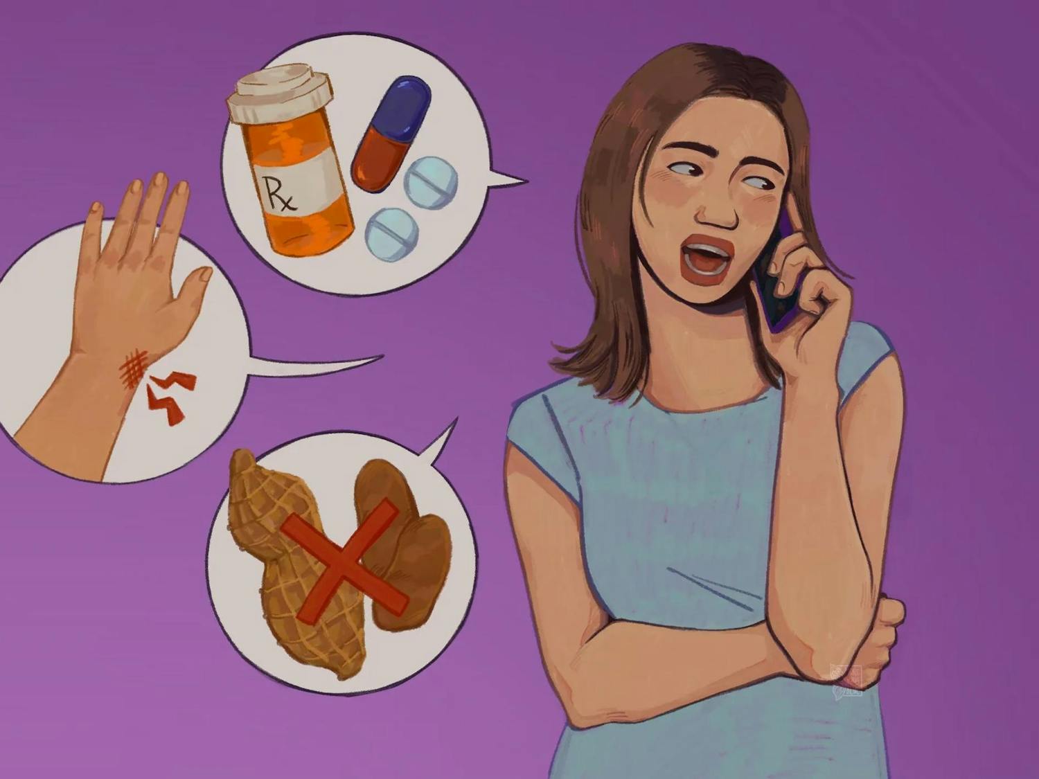 Illustration of a woman on the phone. In three speech bubbles there’s an illustration of medicine, a wrist injury and nuts with a red X overtop.