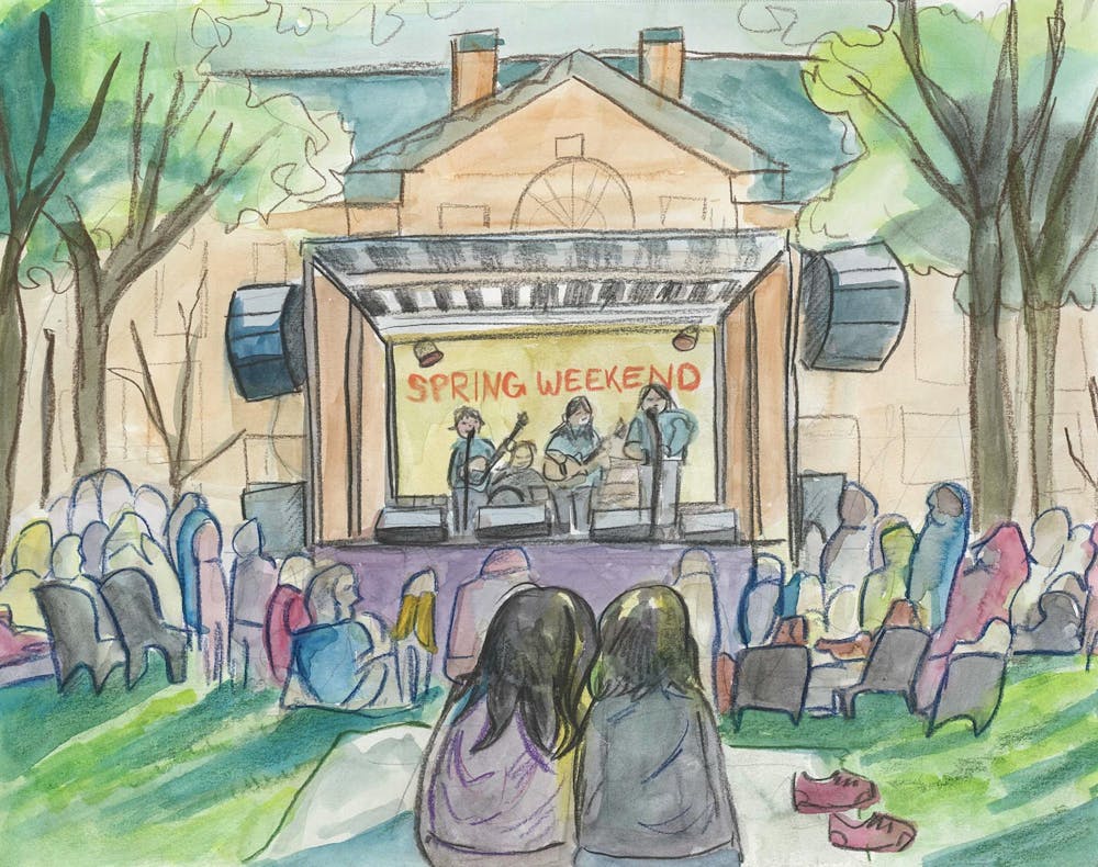 An illustration showing students sitting on the grass watching a concert during Spring Weekend. 