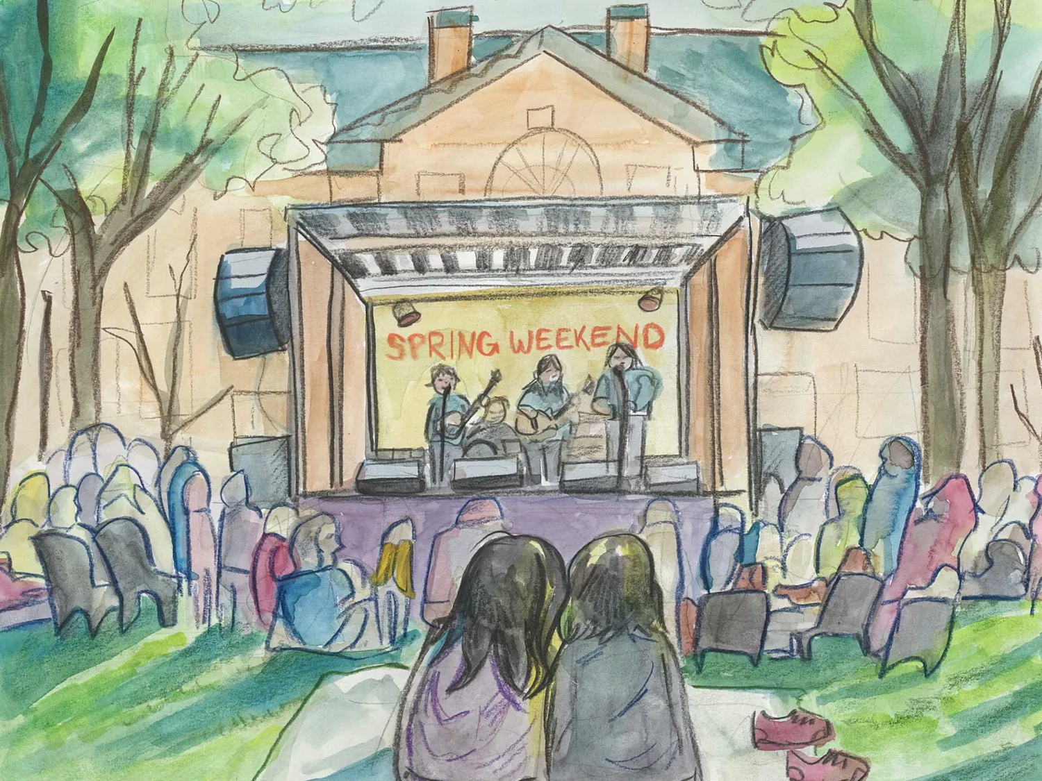 An illustration showing students sitting on the grass watching a concert during Spring Weekend.