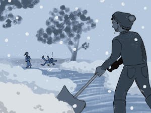 An illustration of a man in a beanie shoveling snow, while someone slips in the background with a bystander watching.