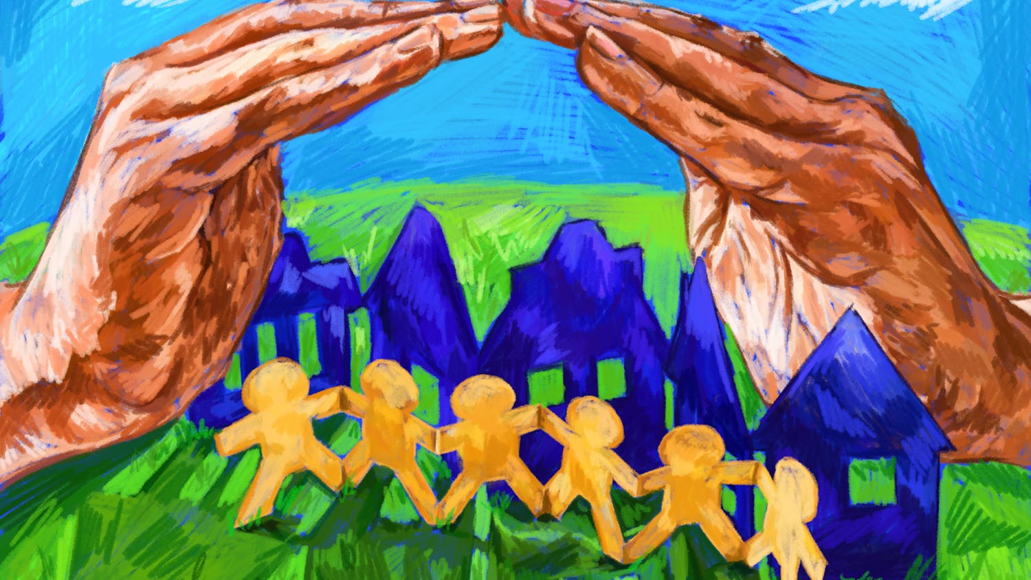 An illustration showing hands shielding a chain of paper houses and paper dolls on a grassy hill on a sunny day.