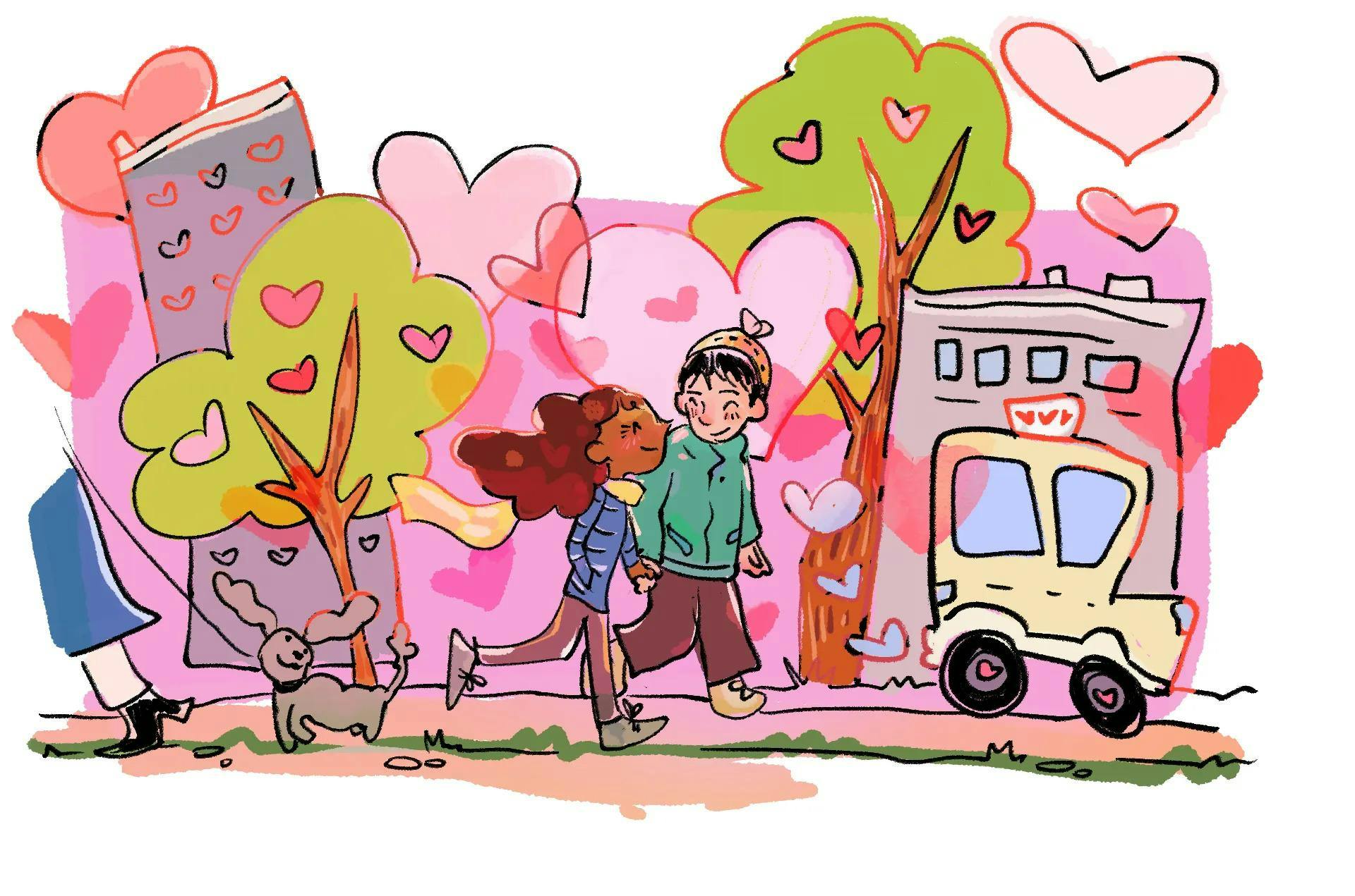 Illustration of a couple holding hands with a pink backdrop filled with hearts.