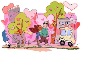 Illustration of a couple holding hands with a pink backdrop filled with hearts.