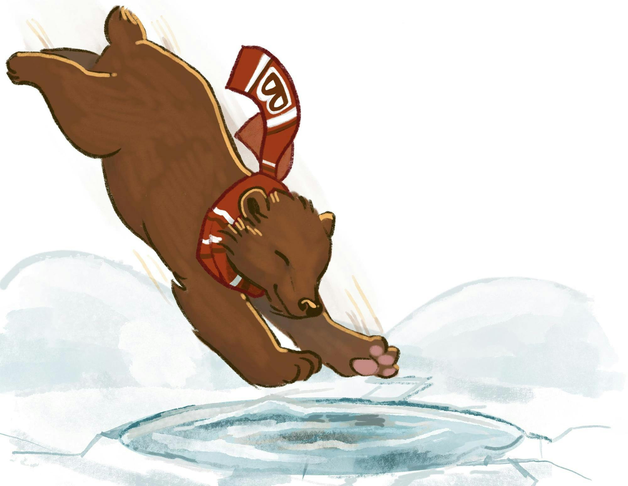 An illustration of a bear wearing a Brown University scarf jumping into a hole in the ice.