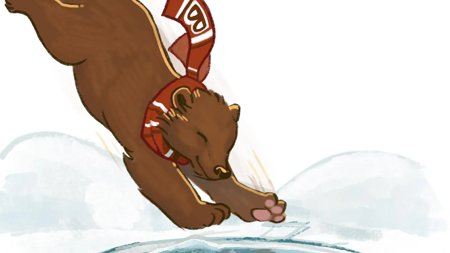 An illustration of a bear wearing a Brown University scarf jumping into a hole in the ice.