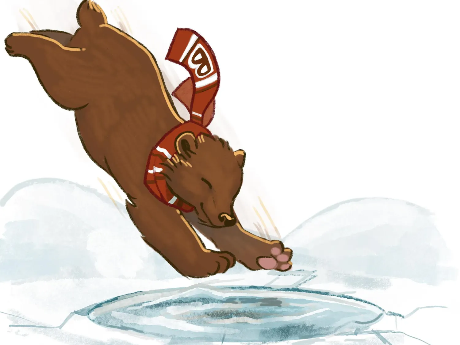 An illustration of a bear wearing a Brown University scarf jumping into a hole in the ice.