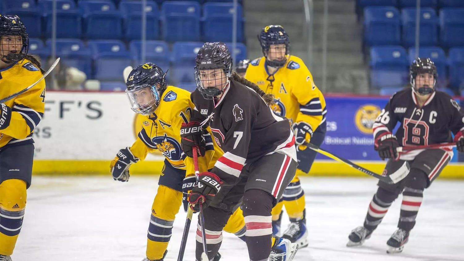 Photo of a female hockey player from Brown pushing aside a Quinnipiac hockey player wearing bright yellow while battling for the puck.
