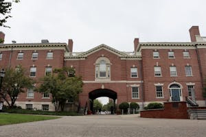 Front view of the Faunce Arch the weather is gloomy.