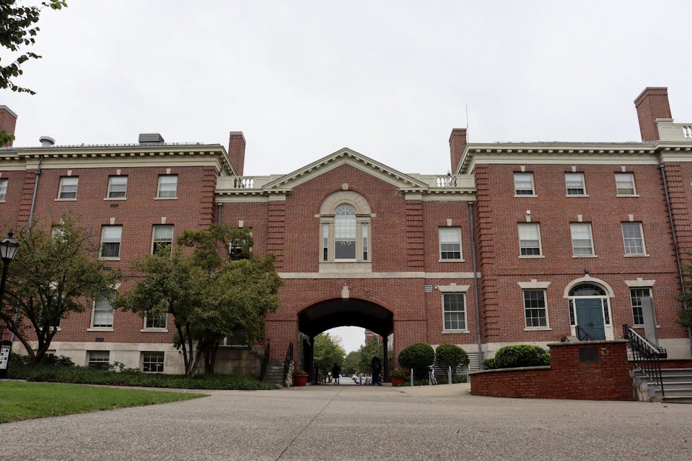 Front view of the Faunce Arch the weather is gloomy.
