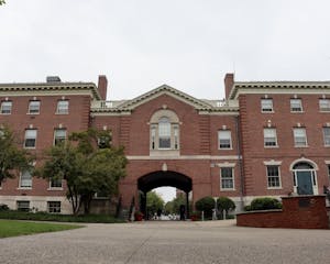 Front view of the Faunce Arch the weather is gloomy.