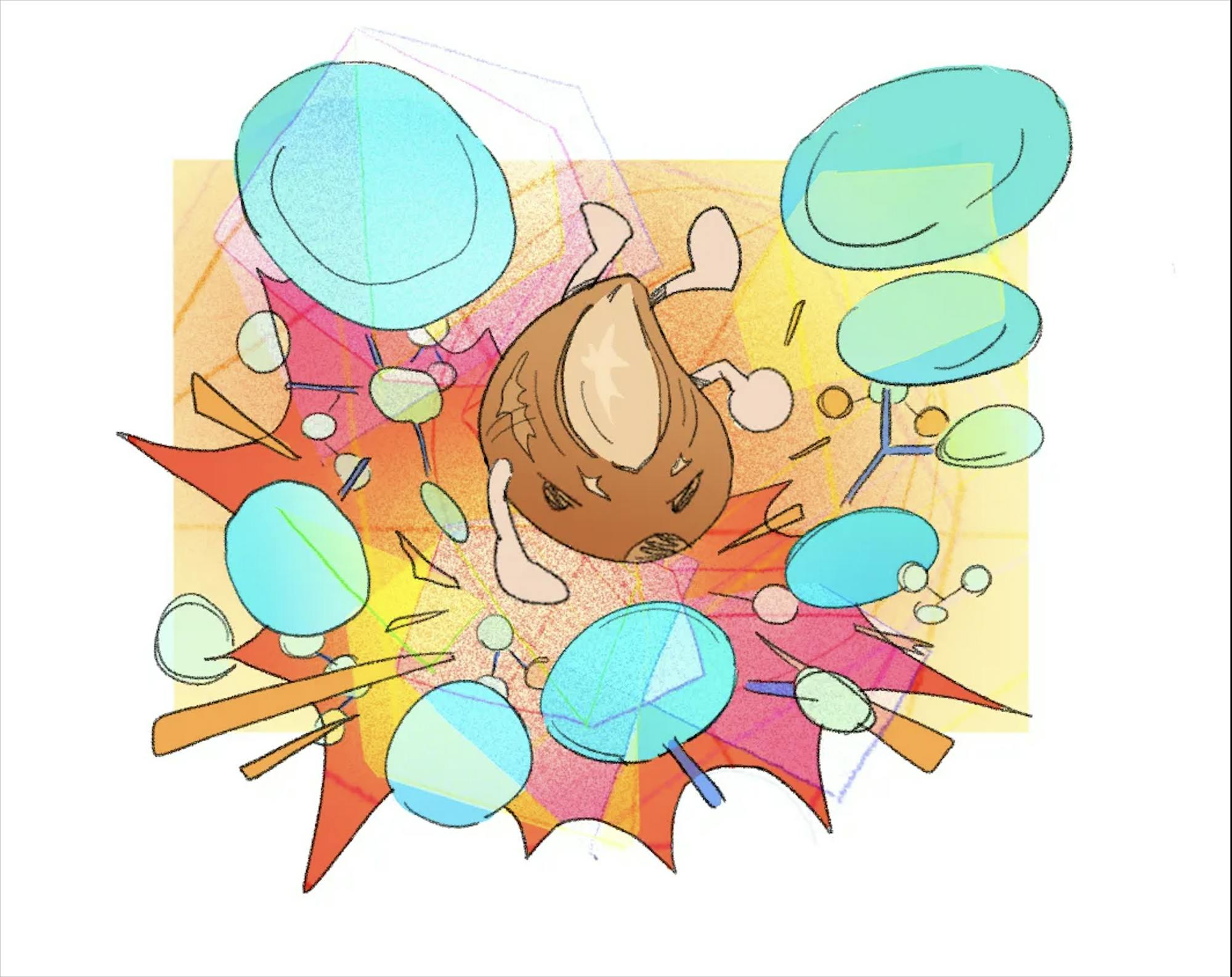 Cartoon illustration of a shea fruit with arms and legs, with colored circles in the background.