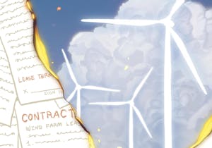 Wind farm lease contracts overlap with an image of wind turbines in front of clouds. The overlapping edges of the images look like they are burning. 