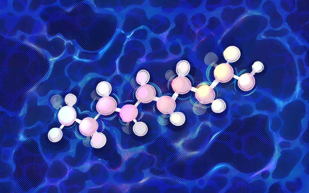 Illustration of a linear molecule consisting of zig-zagging atoms against a background of dark blue water. 