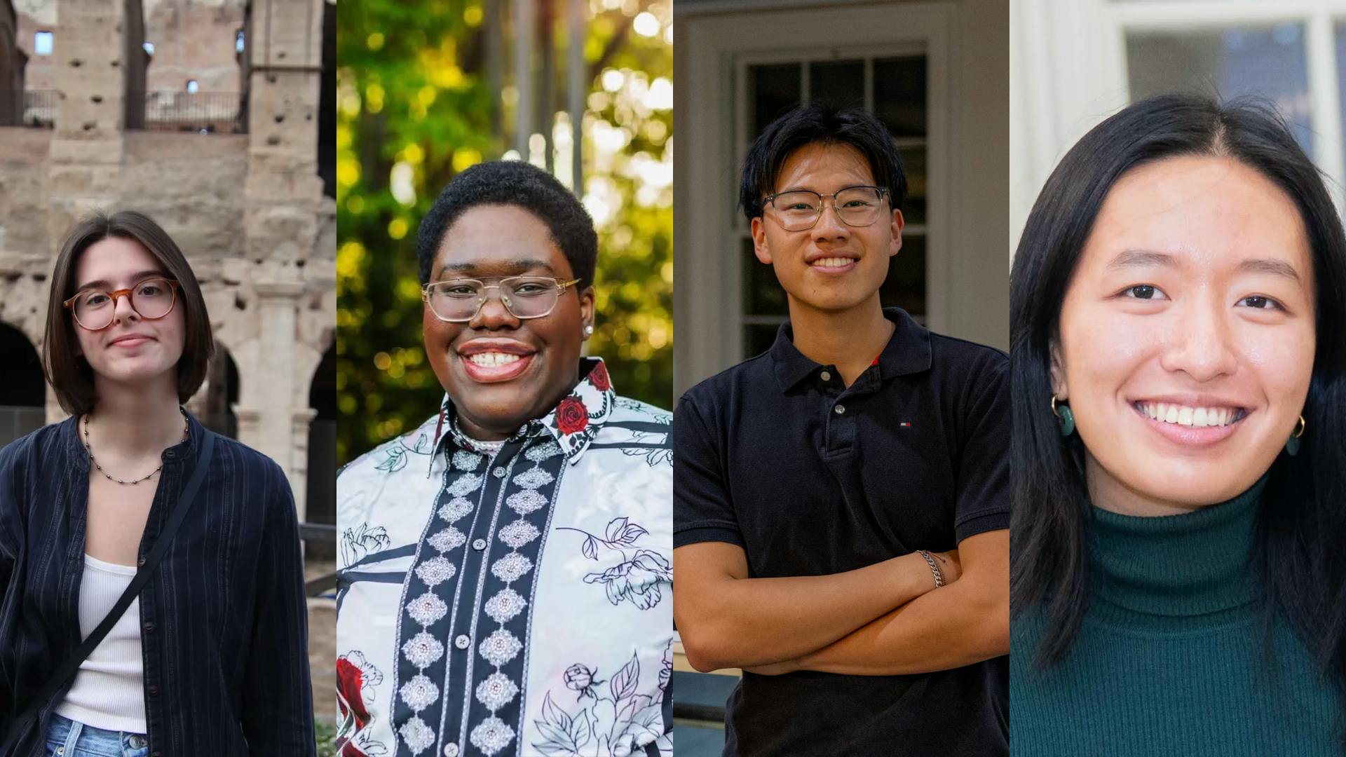 Photo collage of the four scholarship recipients. From left to right, the photo collage shows Lillian Gale ’28, Shine Gerkariah ’28, Raymond Hu ’28 and Sophia Leng ’28