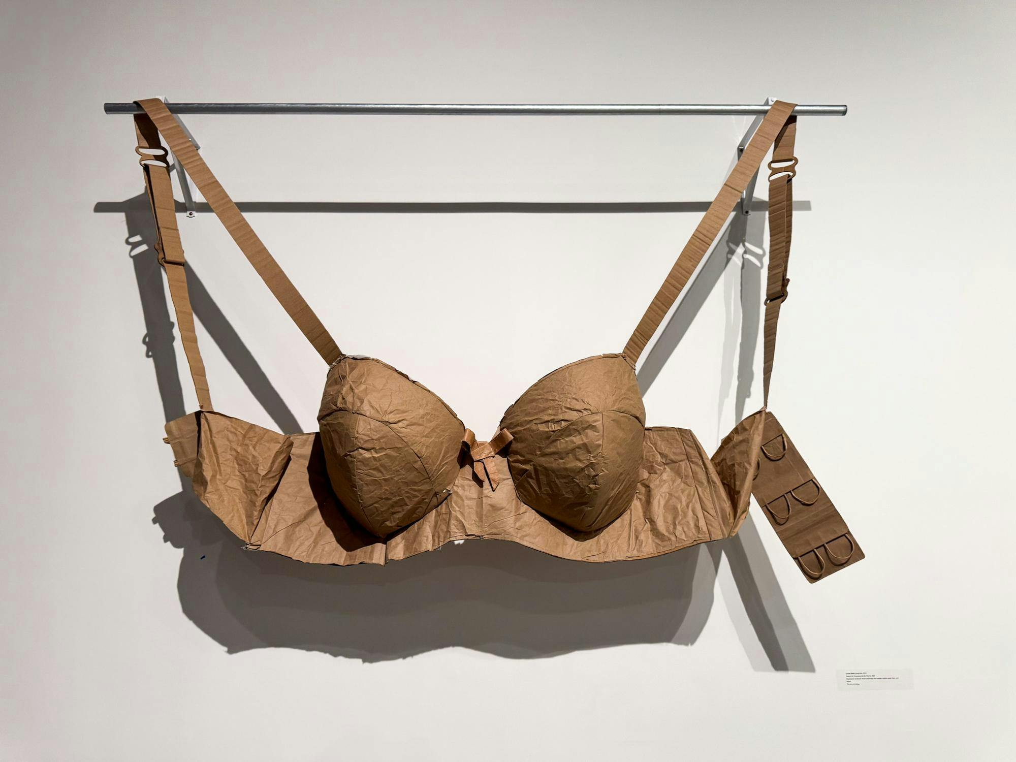 A large brassiere fashioned out of cardboard hangs against the wall from a metal bar. There is a small bow in the center of the garment.