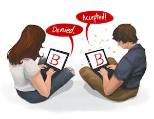 An illustration of a man and a woman sitting cross-legged and looking at laptops. A speech bubble above the woman’s laptop reads “Denied,” while one above the man’s reads “Accepted.”