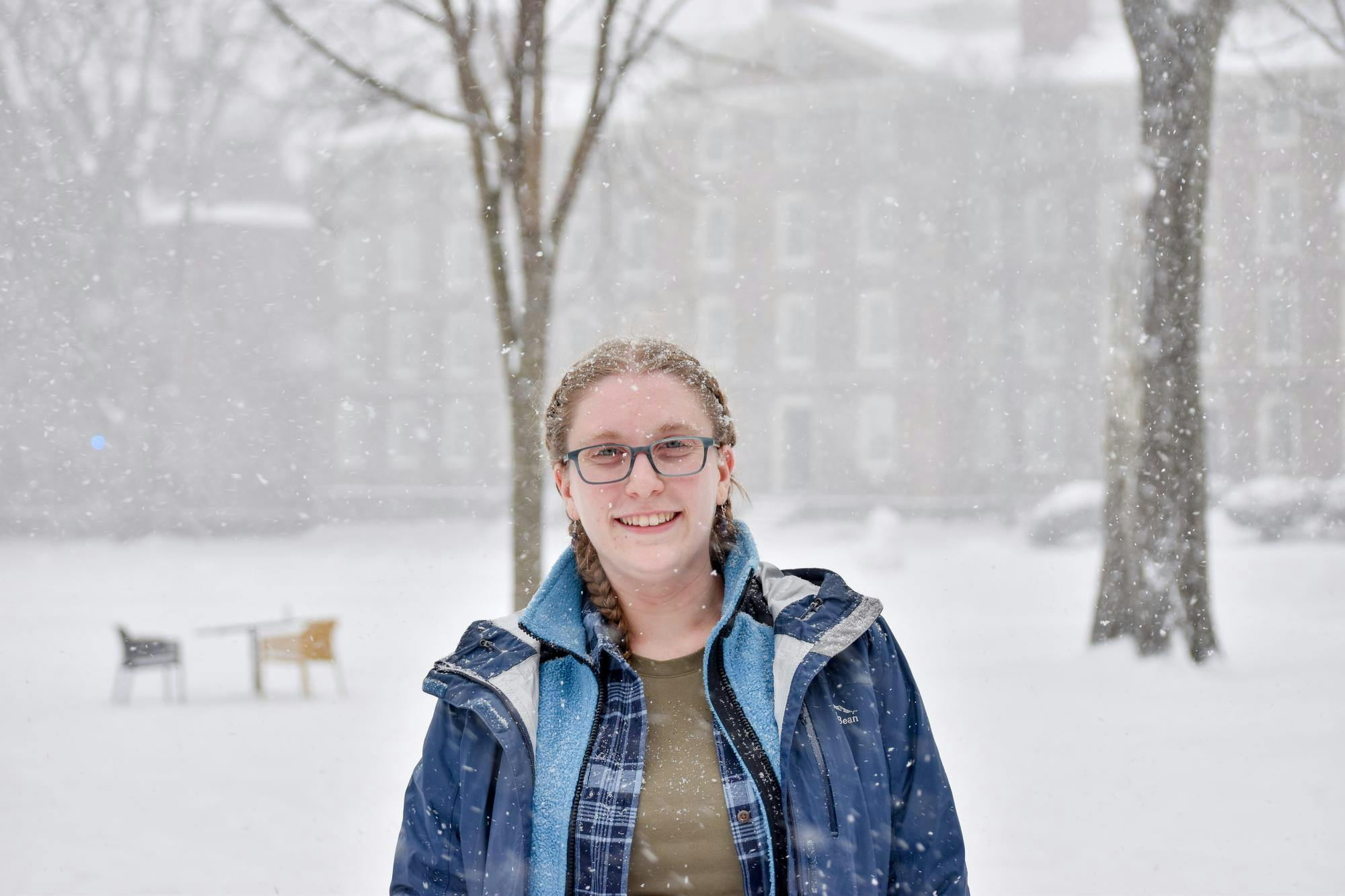A photo of a girl with two blonde braids standing in the snow.