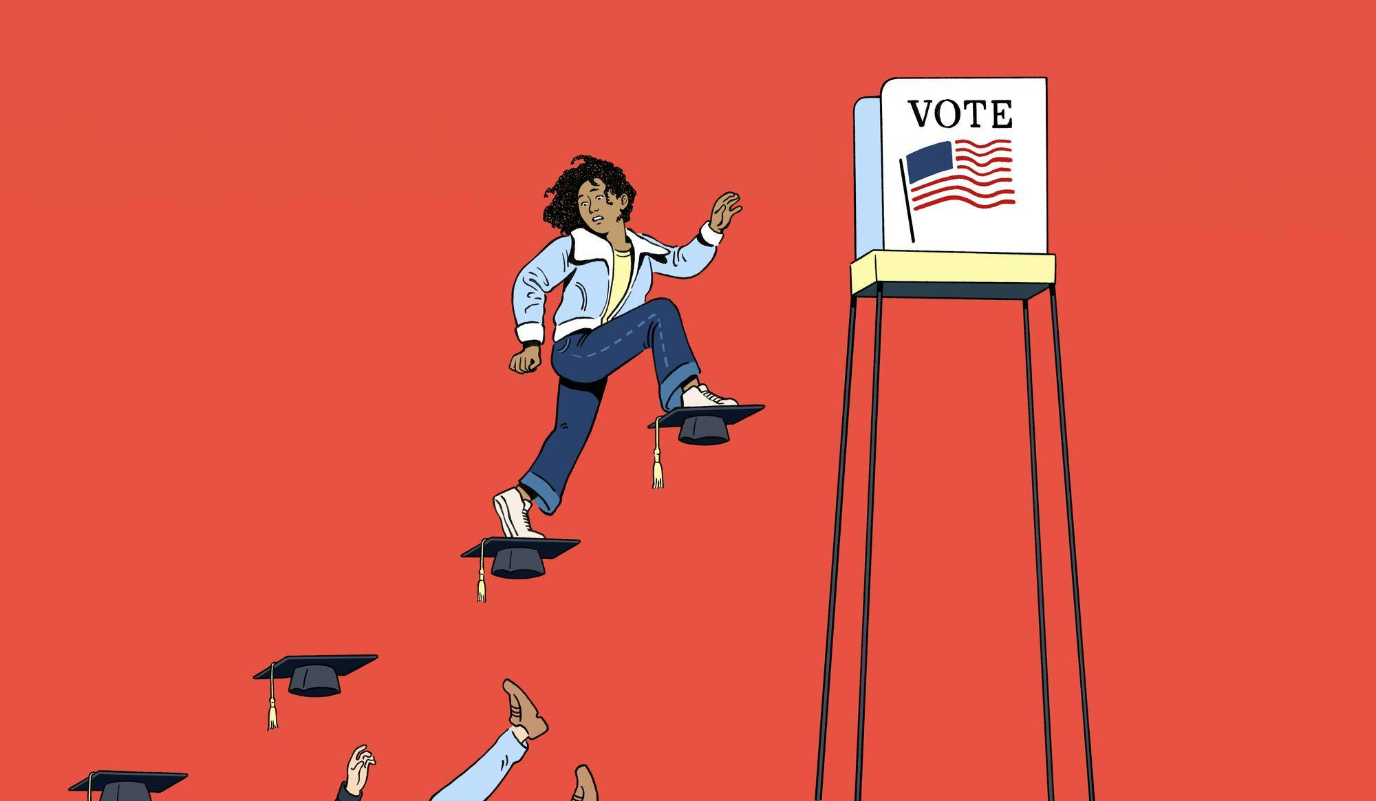 A person walking on floating graduation caps towards a voting booth.
