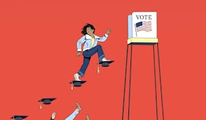 A person walking on floating graduation caps towards a voting booth.
