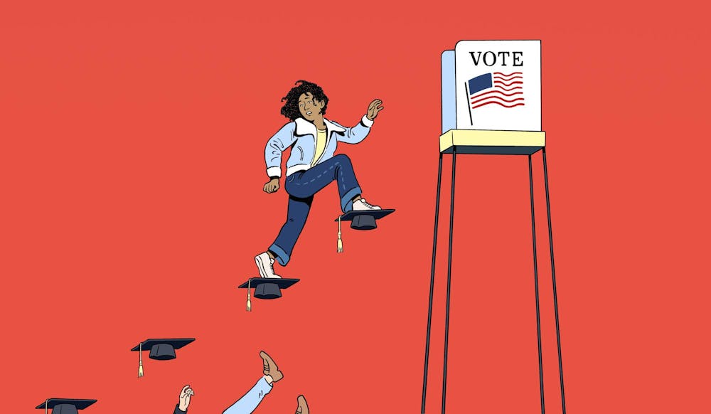 A person walking on floating graduation caps towards a voting booth.