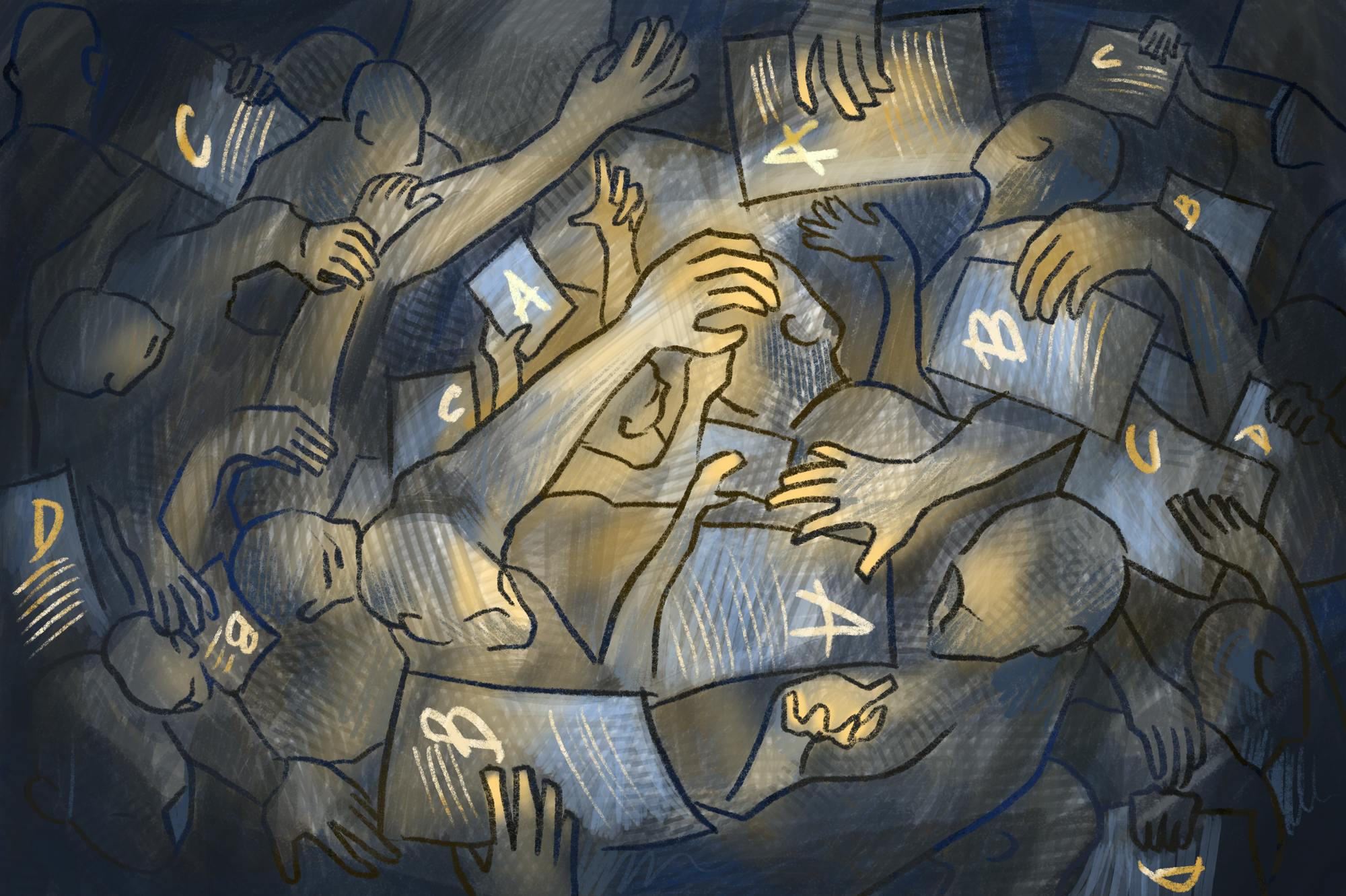 An illustration of multiple silhouettes of people in a thick crowd reaching around while holding various papers that either have the letters A, B, C or D on them.