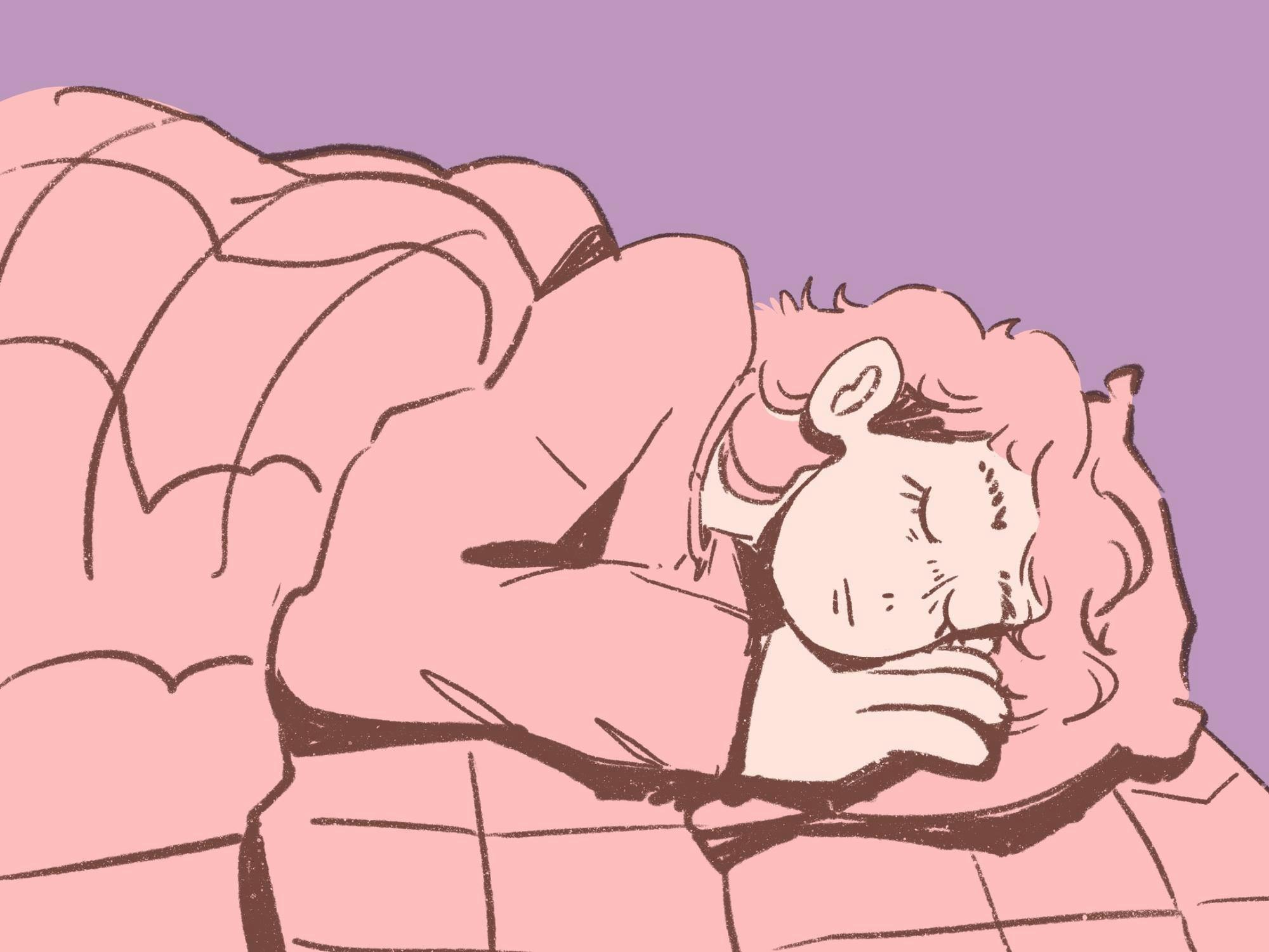 An illustration of someone sleeping on a bed, with pink and purple tones.
