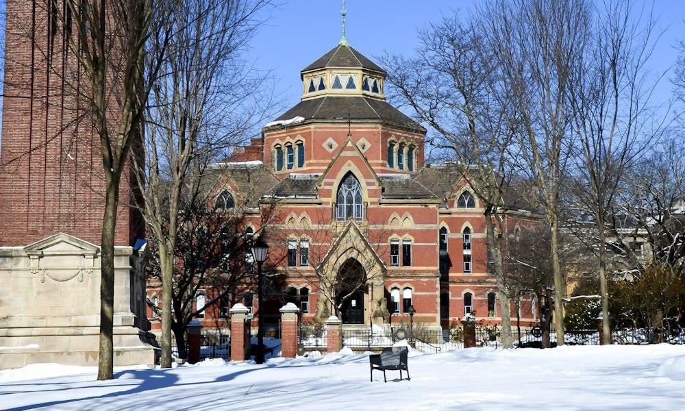 A photo of the front of Robinson Hall in the winter.