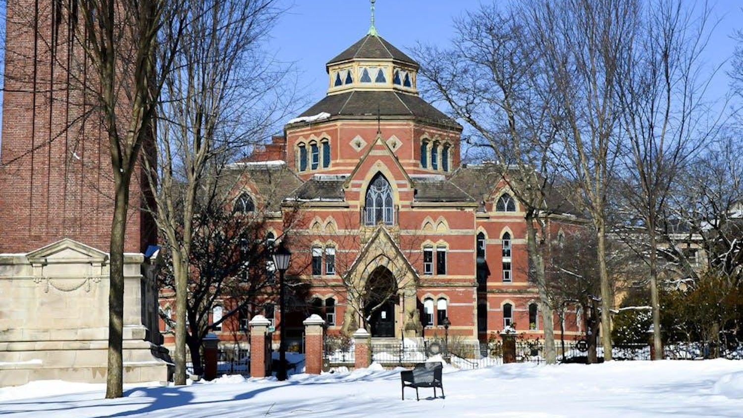 A photo of the front of Robinson Hall in the winter.