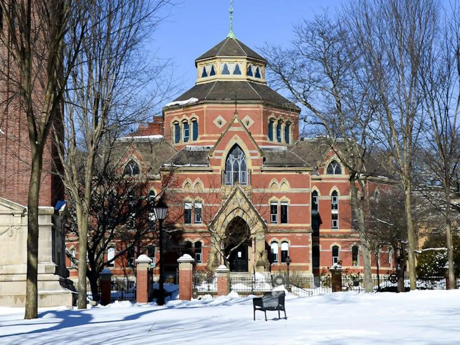 A photo of the front of Robinson Hall in the winter.