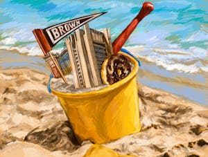 Illustration of a bucket on the beach containing donut, the science library, the Brown flag, and the Van Wickle Gate