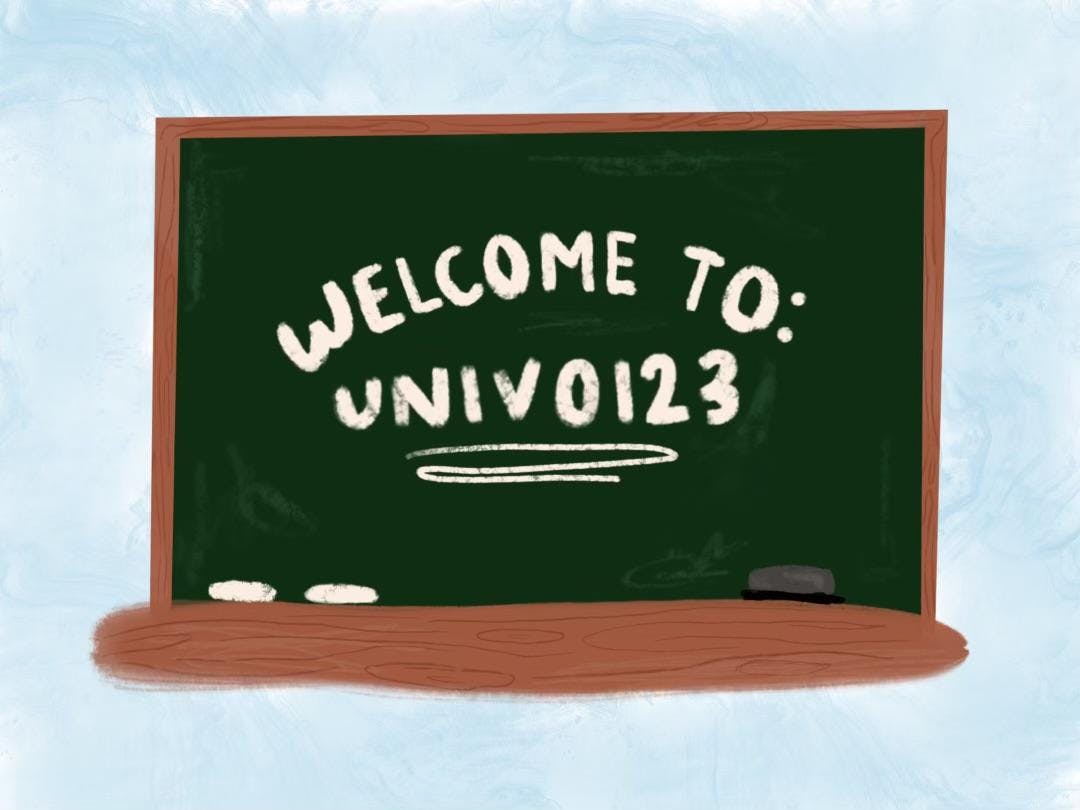 A chalkboard that says "Welcome To: UNIV0123"