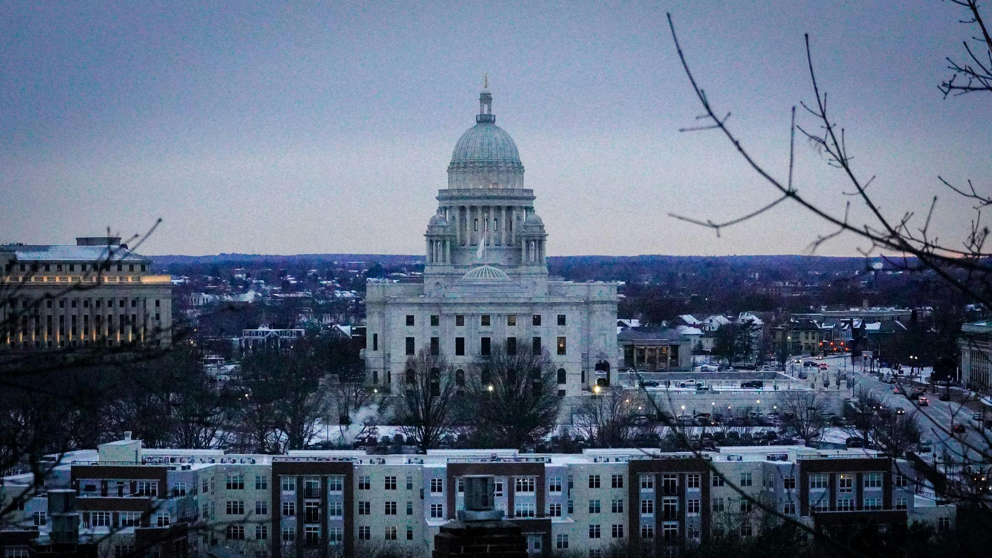 An image of the Rhode Island State Building at dusk.