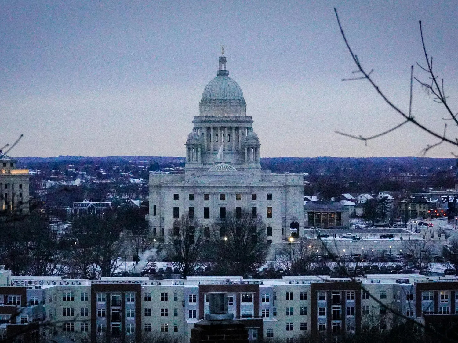 An image of the Rhode Island State Building at dusk.