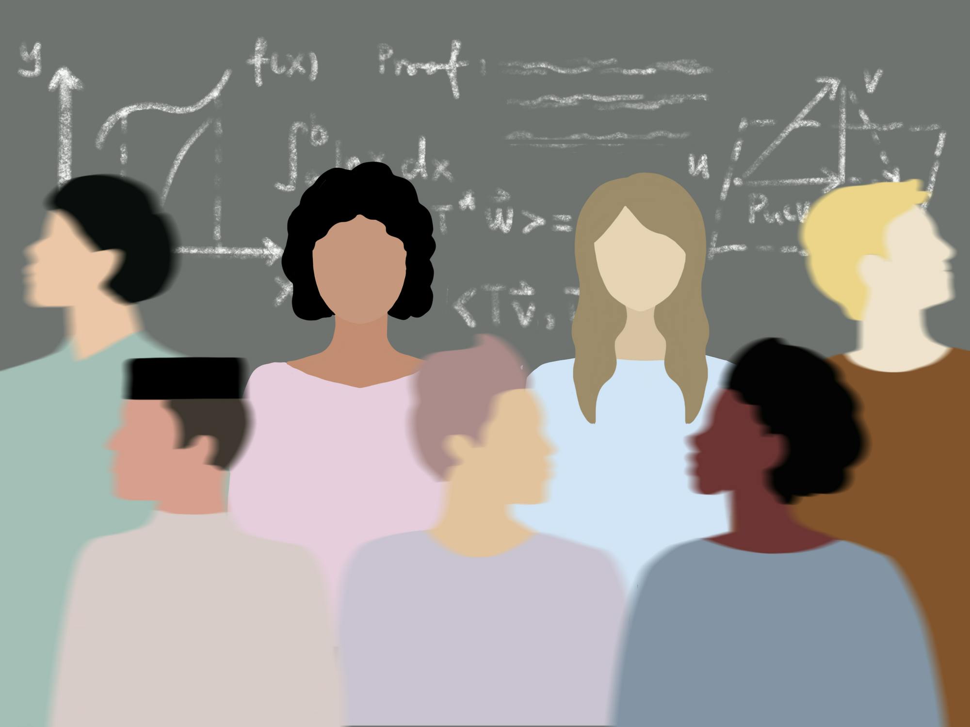 The illustration depicts seven different people, each of which have unique hairstyles, skin colors, genders and clothes. They are standing in front of a blackboard filled with mathematic formulas and equations.