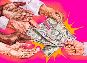 Pink drawing of hands exchanging one hundred dollar bills. 

