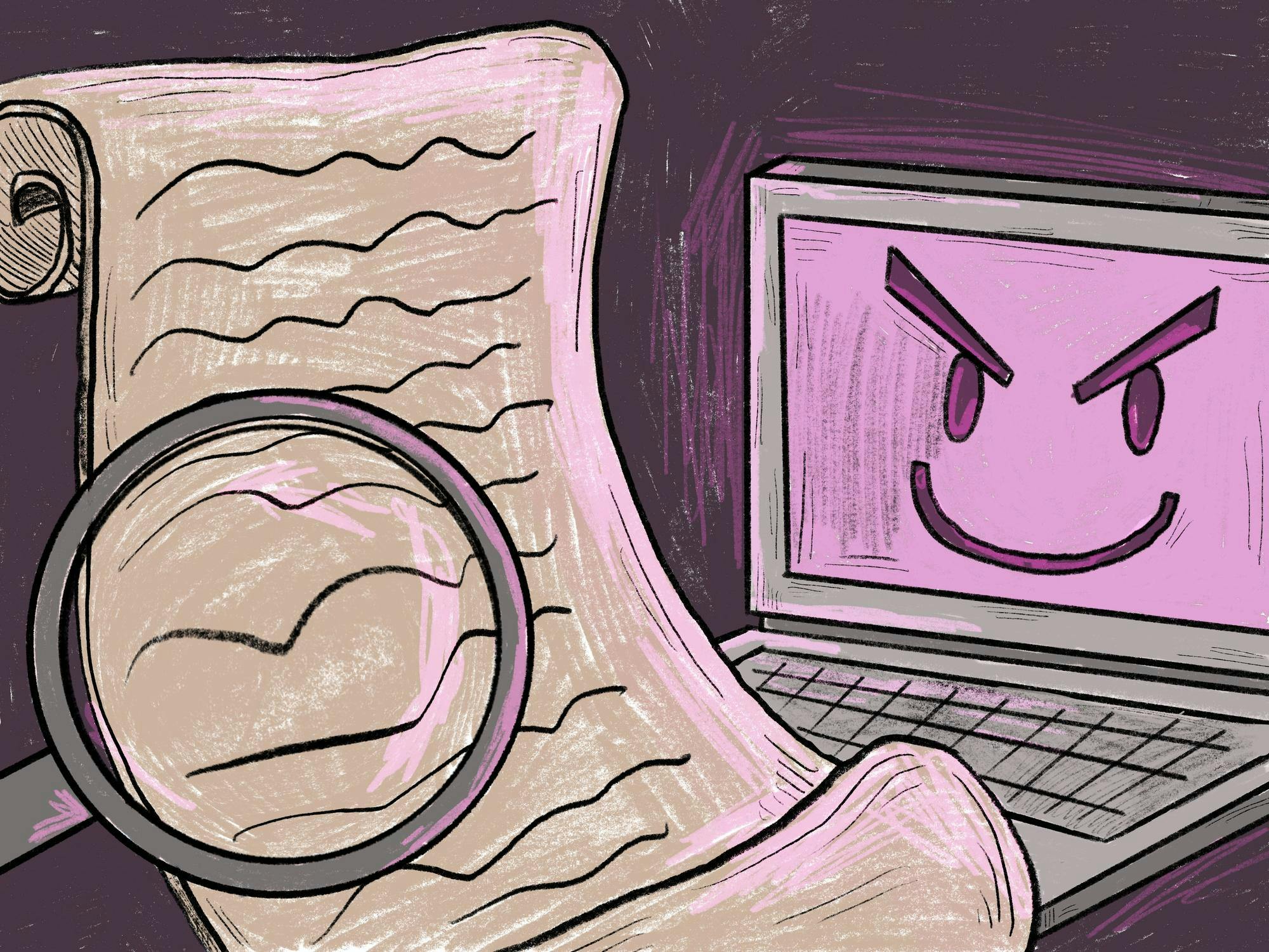 A laptop with an evil smile looks at a long parchment of paper filled with scribbles and has a magnifying glass held up to it.