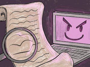 A laptop with an evil smile looks at a long parchment of paper filled with scribbles and has a magnifying glass held up to it.