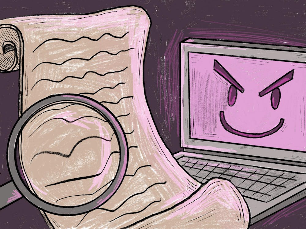 A laptop with an evil smile looks at a long parchment of paper filled with scribbles and has a magnifying glass held up to it.