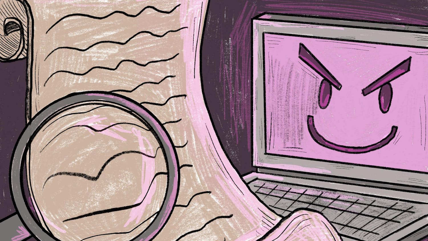 A laptop with an evil smile looks at a long parchment of paper filled with scribbles and has a magnifying glass held up to it.