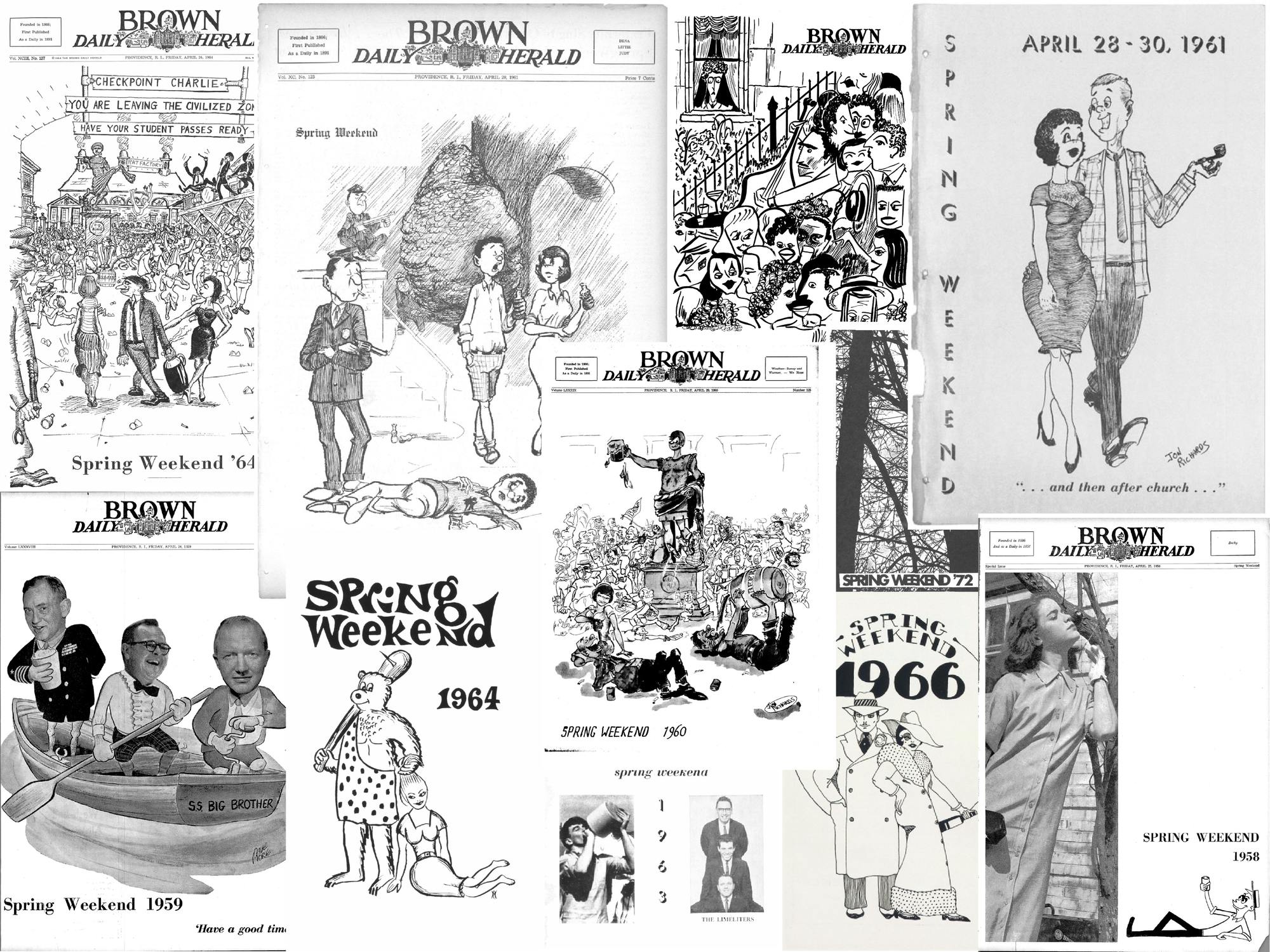 A black and white collage of Spring Weekend posters with various caricatures and figures. 