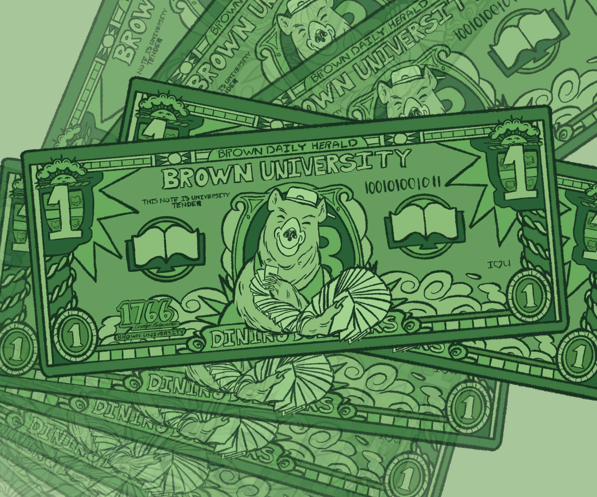 An illustration of several one dollar bills that have bears on them and read “Brown University.”
