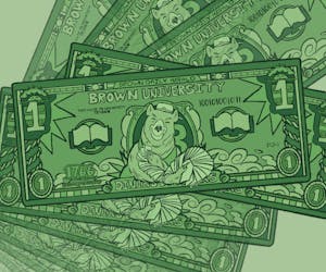 An illustration of several one dollar bills that have bears on them and read “Brown University.”