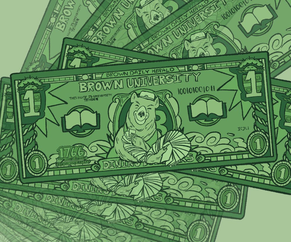 An illustration of several one dollar bills that have bears on them and read “Brown University.”