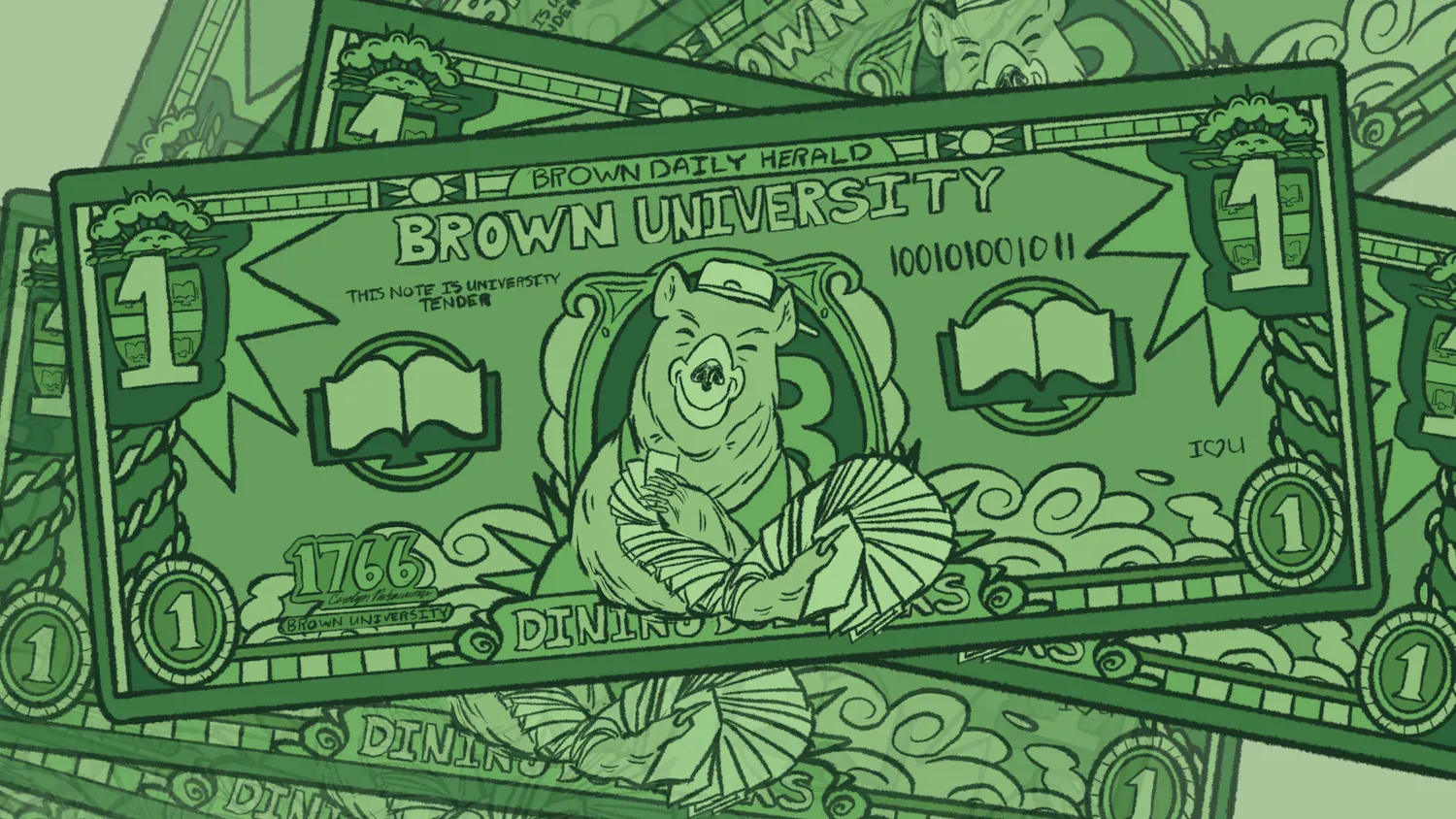 An illustration of several one dollar bills that have bears on them and read “Brown University.”