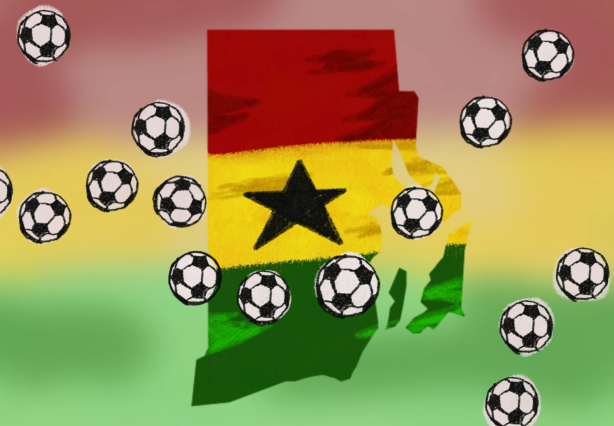 An illustration of soccer balls over a Ghanian flag-patterned Rhode Island