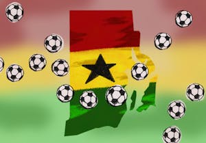 An illustration of soccer balls over a Ghanian flag-patterned Rhode Island