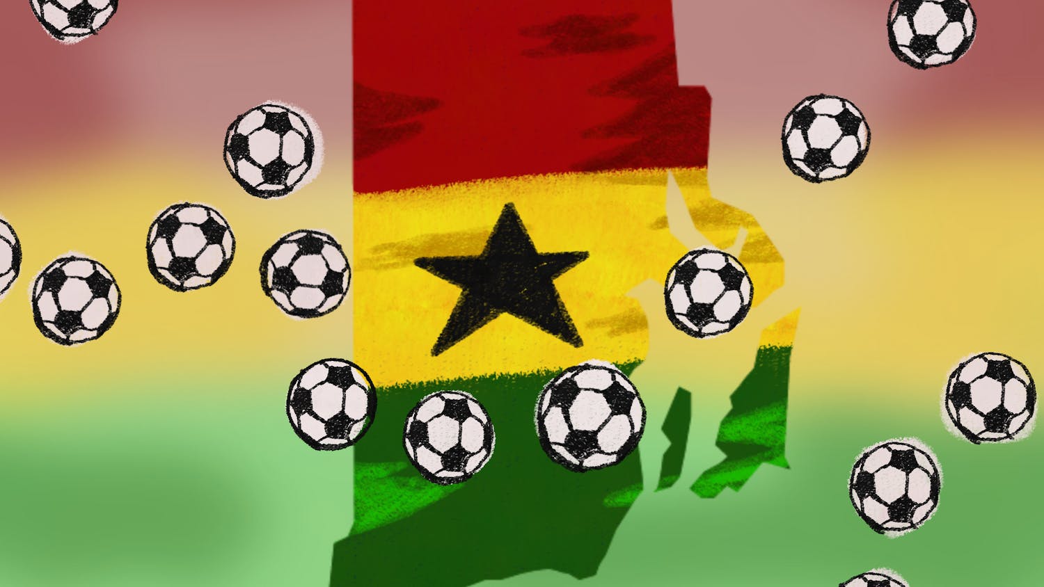 An illustration of soccer balls over a Ghanian flag-patterned Rhode Island