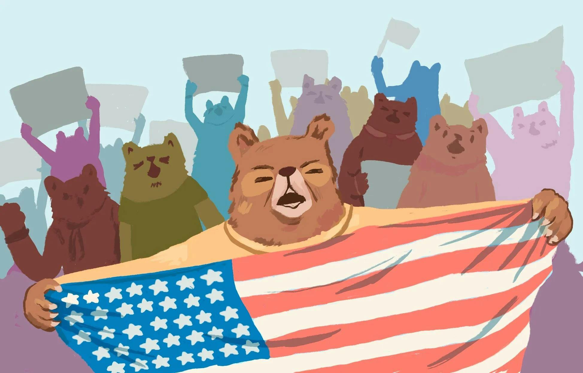 Drawing of many different-colored bears protesting with a US flag.

